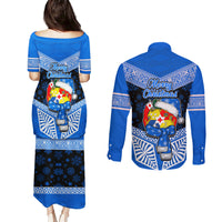 Tonga Christmas Couples Matching Puletasi Dress and Long Sleeve Button Shirts Tongan Coat of Arms Santa With Ngatu Pattern Christmas Blue Style LT03 - Polynesian Pride