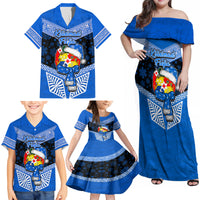 Tonga Christmas Family Matching Off Shoulder Maxi Dress and Hawaiian Shirt Tongan Coat of Arms Santa With Ngatu Pattern Christmas Blue Style LT03 - Polynesian Pride