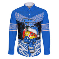 Tonga Christmas Family Matching Short Sleeve Bodycon Dress and Hawaiian Shirt Tongan Coat of Arms Santa With Ngatu Pattern Christmas Blue Style LT03 Dad's Shirt - Long Sleeve Blue - Polynesian Pride