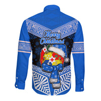 Tonga Christmas Long Sleeve Button Shirt Tongan Coat of Arms Santa With Ngatu Pattern Christmas Blue Style LT03 - Polynesian Pride