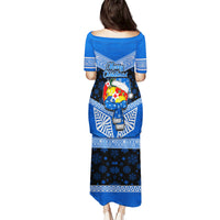 Tonga Christmas Puletasi Tongan Coat of Arms Santa With Ngatu Pattern Christmas Blue Style LT03 - Polynesian Pride
