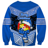 Tonga Christmas Sweatshirt Tongan Coat of Arms Santa With Ngatu Pattern Christmas Blue Style LT03 - Polynesian Pride