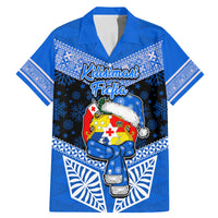 Personalised Tonga Christmas Family Matching Mermaid Dress and Hawaiian Shirt Tongan Coat of Arms Santa With Ngatu Pattern Christmas Blue Style LT03 Dad's Shirt - Short Sleeve Blue - Polynesian Pride
