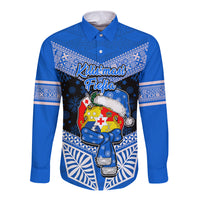 Personalised Tonga Christmas Long Sleeve Button Shirt Tongan Coat of Arms Santa With Ngatu Pattern Christmas Blue Style LT03 Unisex Blue - Polynesian Pride