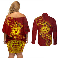 Tonga Ha'apai High School Couples Matching Off Shoulder Short Dress and Long Sleeve Button Shirt Ngatu and Maori Ethnic Tribal Pattern LT03 - Polynesian Pride