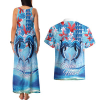 Hawaiian Dolphin Love Couple - Ocean Heart Couples Matching Tank Maxi Dress and Hawaiian Shirt