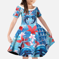 Hawaiian Dolphin Love Couple - Ocean Heart Family Matching Long Sleeve Bodycon Dress and Hawaiian Shirt LT03 Daughter's Dress Blue - Polynesian Pride