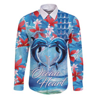 Hawaiian Dolphin Love Couple - Ocean Heart Family Matching Off The Shoulder Long Sleeve Dress and Hawaiian Shirt