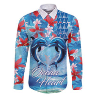Hawaiian Dolphin Love Couple - Ocean Heart Family Matching Short Sleeve Bodycon Dress and Hawaiian Shirt LT03 Dad's Shirt - Long Sleeve Blue - Polynesian Pride