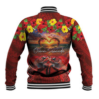 Hawaiian Turtle Love Couple Baseball Jacket Ocean Serenade - Honu Honi Ihu with Hibiscus and Romantic Sunset Red Color LT03 - Polynesian Pride