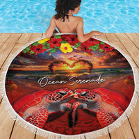 Hawaiian Turtle Love Couple Beach Blanket Ocean Serenade - Honu Honi Ihu with Hibiscus and Romantic Sunset Red Color LT03 - Polynesian Pride