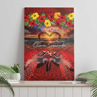 Hawaiian Turtle Love Couple Canvas Wall Art Ocean Serenade - Honu Honi Ihu with Hibiscus and Romantic Sunset Red Color