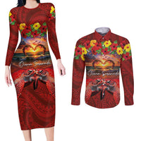 Hawaiian Turtle Love Couple Couples Matching Long Sleeve Bodycon Dress and Long Sleeve Button Shirt Ocean Serenade - Honu Honi Ihu with Hibiscus and Romantic Sunset Red Color LT03 Red - Polynesian Pride