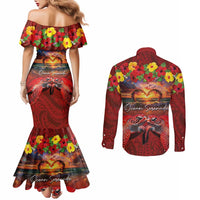 Hawaiian Turtle Love Couple Couples Matching Mermaid Dress and Long Sleeve Button Shirt Ocean Serenade - Honu Honi Ihu with Hibiscus and Romantic Sunset Red Color LT03 - Polynesian Pride