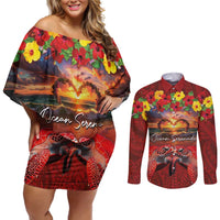 Hawaiian Turtle Love Couple Couples Matching Off Shoulder Short Dress and Long Sleeve Button Shirt Ocean Serenade - Honu Honi Ihu with Hibiscus and Romantic Sunset Red Color LT03 Red - Polynesian Pride
