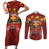 Hawaiian Turtle Love Couple Couples Matching Short Sleeve Bodycon Dress and Long Sleeve Button Shirt Ocean Serenade - Honu Honi Ihu with Hibiscus and Romantic Sunset Red Color LT03 Red - Polynesian Pride