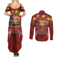 Hawaiian Turtle Love Couple Couples Matching Summer Maxi Dress and Long Sleeve Button Shirt Ocean Serenade - Honu Honi Ihu with Hibiscus and Romantic Sunset Red Color