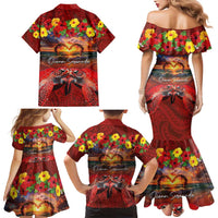 Hawaiian Turtle Love Couple Family Matching Mermaid Dress and Hawaiian Shirt Ocean Serenade - Honu Honi Ihu with Hibiscus and Romantic Sunset Red Color