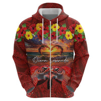 Hawaiian Turtle Love Couple Hoodie Ocean Serenade - Honu Honi Ihu with Hibiscus and Romantic Sunset Red Color