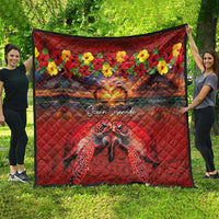 Hawaiian Turtle Love Couple Quilt Ocean Serenade - Honu Honi Ihu with Hibiscus and Romantic Sunset Red Color