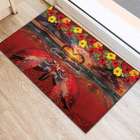 Hawaiian Turtle Love Couple Rubber Doormat Ocean Serenade - Honu Honi Ihu with Hibiscus and Romantic Sunset Red Color LT03 - Polynesian Pride