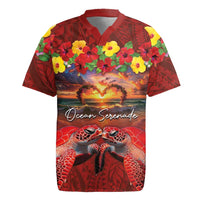 Hawaiian Turtle Love Couple Rugby Jersey Ocean Serenade - Honu Honi Ihu with Hibiscus and Romantic Sunset Red Color LT03 Red - Polynesian Pride