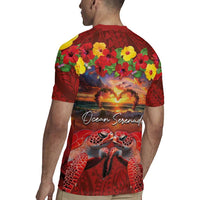 Hawaiian Turtle Love Couple Rugby Jersey Ocean Serenade - Honu Honi Ihu with Hibiscus and Romantic Sunset Red Color LT03 - Polynesian Pride