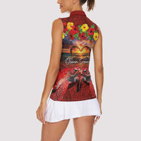 Hawaiian Turtle Love Couple Women Sleeveless Polo Shirt Ocean Serenade - Honu Honi Ihu with Hibiscus and Romantic Sunset Red Color LT03 - Polynesian Pride
