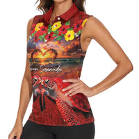 Hawaiian Turtle Love Couple Women Sleeveless Polo Shirt Ocean Serenade - Honu Honi Ihu with Hibiscus and Romantic Sunset Red Color LT03 - Polynesian Pride