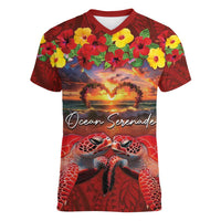 Hawaiian Turtle Love Couple Women V-Neck T-Shirt Ocean Serenade - Honu Honi Ihu with Hibiscus and Romantic Sunset Red Color LT03 Female Red - Polynesian Pride