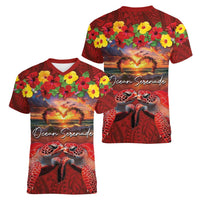 Hawaiian Turtle Love Couple Women V-Neck T-Shirt Ocean Serenade - Honu Honi Ihu with Hibiscus and Romantic Sunset Red Color LT03 - Polynesian Pride