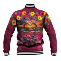 Hawaiian Turtle Love Couple Baseball Jacket Ocean Serenade - Honu Honi Ihu with Hibiscus and Romantic Sunset Pink Color LT03 - Polynesian Pride