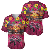 Hawaiian Turtle Love Couple Baseball Jersey Ocean Serenade - Honu Honi Ihu with Hibiscus and Romantic Sunset Pink Color LT03 - Polynesian Pride