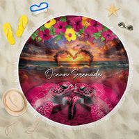 Hawaiian Turtle Love Couple Beach Blanket Ocean Serenade - Honu Honi Ihu with Hibiscus and Romantic Sunset Pink Color LT03 One Size 150cm Pink - Polynesian Pride