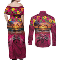 Hawaiian Turtle Love Couple Couples Matching Off Shoulder Maxi Dress and Long Sleeve Button Shirt Ocean Serenade - Honu Honi Ihu with Hibiscus and Romantic Sunset Pink Color