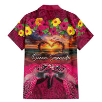 Hawaiian Turtle Love Couple Family Matching Mermaid Dress and Hawaiian Shirt Ocean Serenade - Honu Honi Ihu with Hibiscus and Romantic Sunset Pink Color