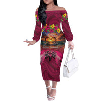 Hawaiian Turtle Love Couple Family Matching Off The Shoulder Long Sleeve Dress and Hawaiian Shirt Ocean Serenade - Honu Honi Ihu with Hibiscus and Romantic Sunset Pink Color