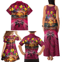 Hawaiian Turtle Love Couple Family Matching Tank Maxi Dress and Hawaiian Shirt Ocean Serenade - Honu Honi Ihu with Hibiscus and Romantic Sunset Pink Color