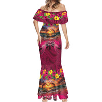 Hawaiian Turtle Love Couple Mermaid Dress Ocean Serenade - Honu Honi Ihu with Hibiscus and Romantic Sunset Pink Color
