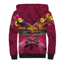 Hawaiian Turtle Love Couple Sherpa Hoodie Ocean Serenade - Honu Honi Ihu with Hibiscus and Romantic Sunset Pink Color