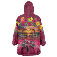 Hawaiian Turtle Love Couple Wearable Blanket Hoodie Ocean Serenade - Honu Honi Ihu with Hibiscus and Romantic Sunset Pink Color