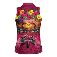 Hawaiian Turtle Love Couple Women Sleeveless Polo Shirt Ocean Serenade - Honu Honi Ihu with Hibiscus and Romantic Sunset Pink Color LT03 - Polynesian Pride
