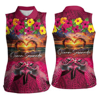 Hawaiian Turtle Love Couple Women Sleeveless Polo Shirt Ocean Serenade - Honu Honi Ihu with Hibiscus and Romantic Sunset Pink Color LT03 - Polynesian Pride
