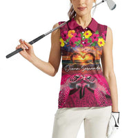 Hawaiian Turtle Love Couple Women Sleeveless Polo Shirt Ocean Serenade - Honu Honi Ihu with Hibiscus and Romantic Sunset Pink Color LT03 - Polynesian Pride