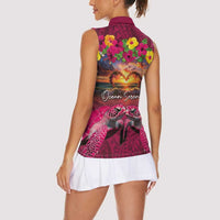 Hawaiian Turtle Love Couple Women Sleeveless Polo Shirt Ocean Serenade - Honu Honi Ihu with Hibiscus and Romantic Sunset Pink Color LT03 - Polynesian Pride