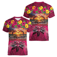Hawaiian Turtle Love Couple Women V-Neck T-Shirt Ocean Serenade - Honu Honi Ihu with Hibiscus and Romantic Sunset Pink Color LT03 - Polynesian Pride