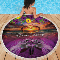 Hawaiian Turtle Love Couple Beach Blanket Ocean Serenade - Honu Honi Ihu with Hibiscus and Romantic Sunset Purple Color LT03 - Polynesian Pride
