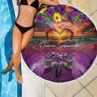Hawaiian Turtle Love Couple Beach Blanket Ocean Serenade - Honu Honi Ihu with Hibiscus and Romantic Sunset Purple Color LT03 - Polynesian Pride