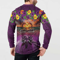 Hawaiian Turtle Love Couple Button Sweatshirt Ocean Serenade - Honu Honi Ihu with Hibiscus and Romantic Sunset Purple Color LT03 - Polynesian Pride