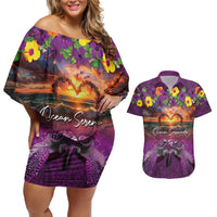 Hawaiian Turtle Love Couple Couples Matching Off Shoulder Short Dress and Hawaiian Shirt Ocean Serenade - Honu Honi Ihu with Hibiscus and Romantic Sunset Purple Color